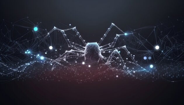 Cyber microchip spider networked on a digital data spider web mesh, artificial intelligence created with generative ai technology