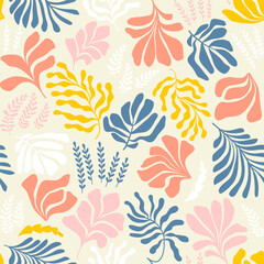 Abstract background with leaves and flowers, Matisse style. Vector seamless pattern with Scandinavian cut out elements.