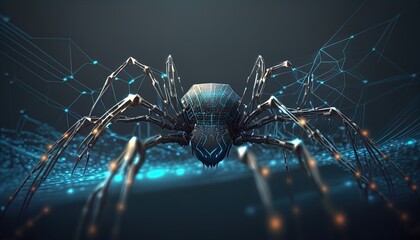 Cyber microchip spider networked on a digital data spider web mesh, artificial intelligence created with generative ai technology