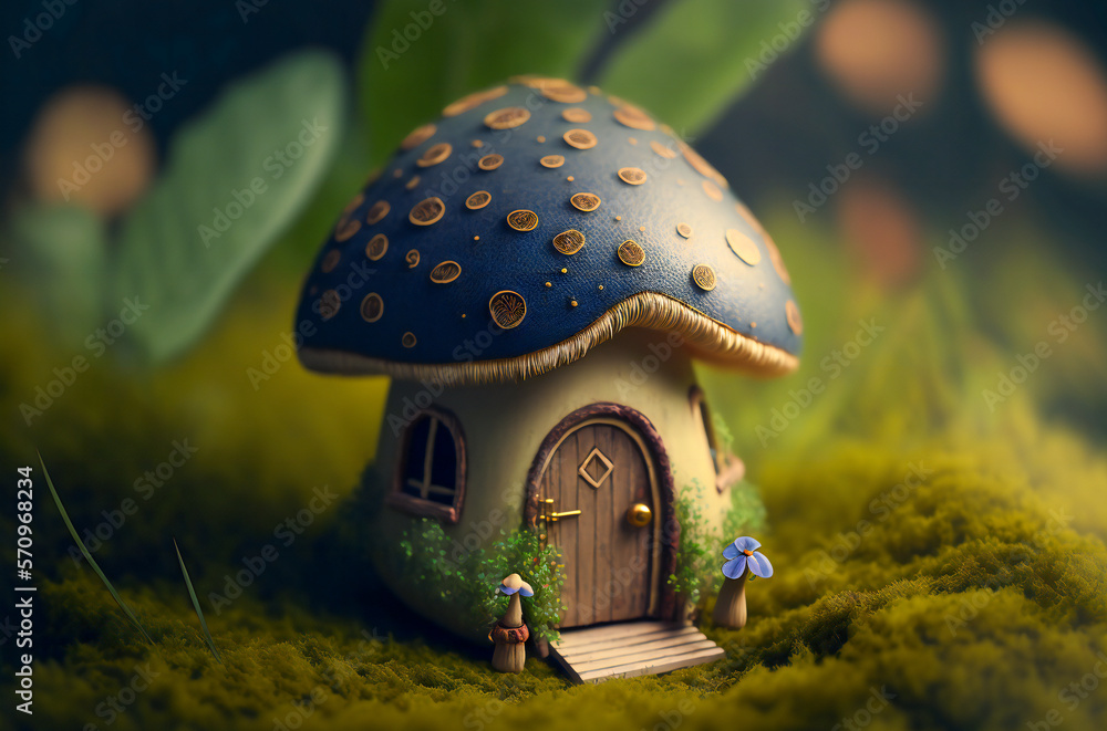 Poster cute tiny mushroom toy house in the grass. macro with shallow dept of field. fictional. created with