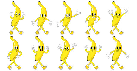 A Set of banana cartoon groovy stickers with funny comic characters, gloved hands. Modern illustration with legs and arms.