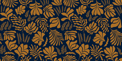 Abstract background with leaves and flowers, Matisse style. Vector seamless pattern with Scandinavian cut out elements.