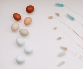 Happy Easter concept. Fresh chicken eggs of natural shades and colors on a white background