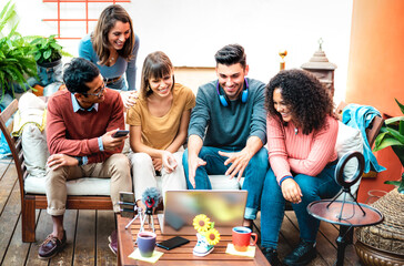Multicultural friends startupper having fun on streaming platform - Content marketing concept with...
