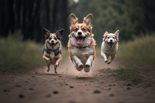 Happy Dogs Are Running Towards Camera In Outdoor Activity . Sublime Generative AI Image .