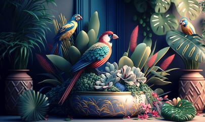Colorful background with an abundance of tropical plants and playful birds