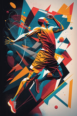 Abstract illustration of basketball player | Multi color geometric abstract shape basket ball sport