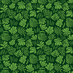 Naklejka na ściany i meble Abstract background with leaves and flowers, Matisse style. Vector seamless pattern with Scandinavian cut out elements.