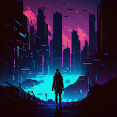 Cyberpunk city and person in the night