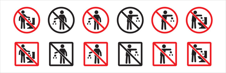 Do not litter sign set. Do not littering icon. Littering forbidden signs. Round and square shape signage. Vector stock illustration.