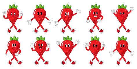 A Set of strawberry cartoon groovy stickers with funny comic characters, gloved hands. Modern illustration with legs and arms.