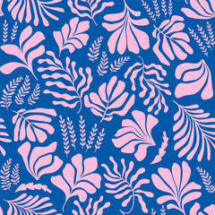 Abstract background with leaves and flowers, Matisse style. Vector seamless pattern with Scandinavian cut out elements.