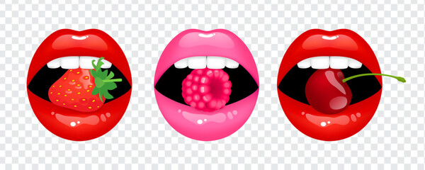 Beautiful sexy female red and pink lips hold strawberries, raspberries and cherries. Set of isolated vector illustrations on transparent background