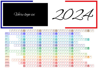 Calendrier 2024 12 mois français avec jours fériés et drapeau français pour entreprise française, coloré et original, avec calque pour zone logo - obrazy, fototapety, plakaty
