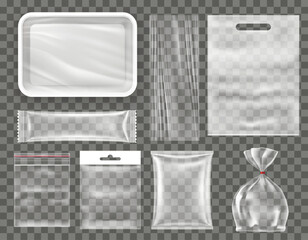 Transparent empty plastic food packaging set, snack production mockup.