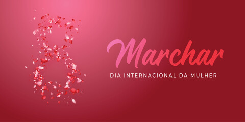 cartão ou banner para o dia internacional da mulher em 8 de março em rosa degradê em fundo rosa também em degradê e o número 8 composto por pétalas de rosa claro e escuro