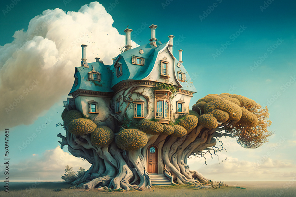 Poster surreal, dreamlike house in a tree, with blue sky and clouds in background. fictional architecture. 