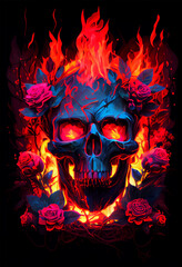 De la Muerte colourfull Skull in flames mexican style. AI Generated Art.