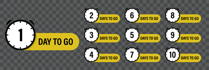 The days left badges set. Number 1, 2, 3, 4, 5, 6, 7, 8, 9, 10, of days left to go. Vector illustration.