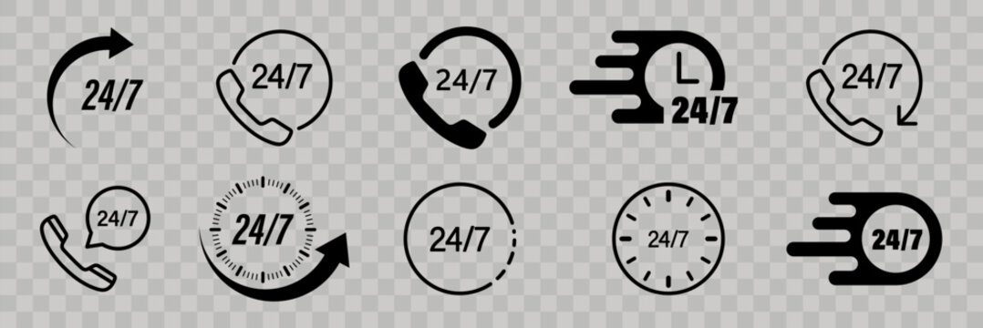 24/7 set icons. 24 hours 7 days in week service. Always open icon. Vector illustration