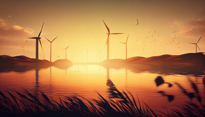 Obraz premium Renewable energy wind turbines golden hour, romantic glowing sunset