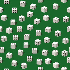 Illustration of a seamless pattern with a game dice on a green background