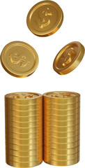 Stack of gold dollar coin currency market financial or investment money banking treasure wealth cash and golden dollar pile economy with business earnings profit sign. 3D render