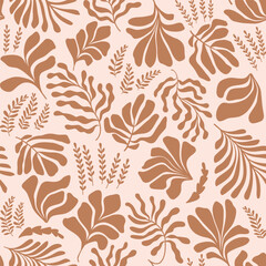 Abstract background with leaves and flowers, Matisse style. Vector seamless pattern with Scandinavian cut out elements.