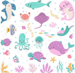 Naklejka na ściany i meble Aquatic sea life characters. Cartoon ocean animals, funny aquarium creature. Cute whale, shark octopus. Underwater nowaday vector animal set