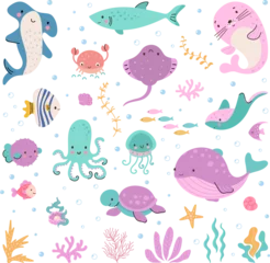 Fototapete Meeresleben Aquatic sea life characters. Cartoon ocean animals, funny aquarium creature. Cute whale, shark octopus. Underwater nowaday vector animal set