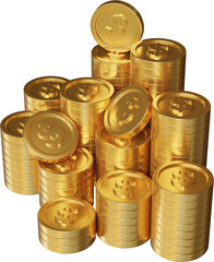 Stack of gold dollar coin currency market financial or investment money banking treasure wealth cash and golden dollar pile economy with business earnings profit sign. 3D render