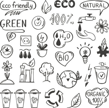 Eco doodle set. Ecology energy and electricity doodles. Environmental saving sketch elements. Green and recycle, neoteric bio nature vector hand drawn clipart