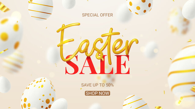Vector illustration for Easter sale. Vector holiday illustration with realistic golden 3d lettering, confetti and eggs with golden patterns. Realistic 3d symbols of Easter. Ad design for banners.