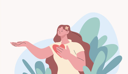 In harmony with nature. Spiritual care and self love concept. Young girl in green plants hold heart. Health and meditate, peaceful kicky vector scene