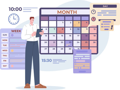 Businessman planning month. Scheduling work, executive and organized man manager planner. Business male and monthly schedule kicky vector scene