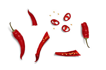 Set of Red hot chili peppers isolated on a white background, png, top view