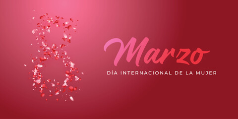 tarjeta o pancarta para el día internacional de la mujer el 8 de marzo en rosa degradado sobre un fondo rosa también en degradado y el número 8 compuesto por pétalos de rosa claro y oscuro