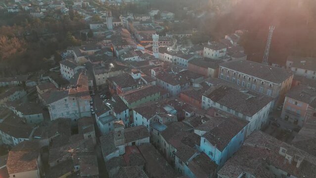 Italy, February 2023: aerial view of the medieval village of Pergola in the province of Pesaro Urbino in the Marche region