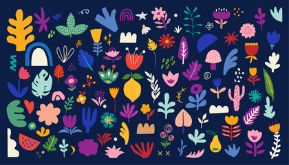 Big vector spring and summer collection of flowers, leaves, abstract elements and spring symbols.