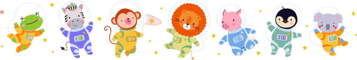 Isolated cartoon space animals. Cute leo, koala, penguin and zebra astronauts. Monkey and frog wear cosmonaut suit and spacesuit, vector characters