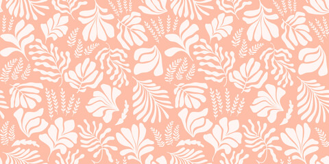Abstract background with leaves and flowers, Matisse style. Vector seamless pattern with Scandinavian cut out elements.