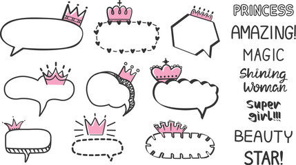 Speech bubbles and lettering motivational. Woman, girl positive stickers with doodle crowns. Cards and stories design vector elements
