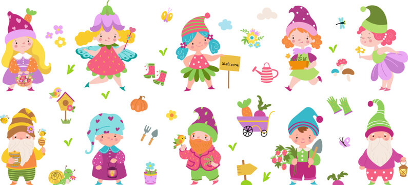 Fairy tale gnomes set. Cute garden dwarf and fairlady, season plants, fresh vegetables, mushrooms and tools. Magic nowaday children vector characters