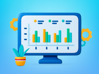 Office 3d monitor screen icon with infographics. Computer and plant, manager analytics graphs. Business financial vector render concept