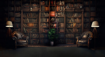 Bookshelves in the library. Bookcase with lots of old books. Armchair in the room for reading books. Vintage library or shop with bookcases. Cozy book background. Home interior for study Generative AI