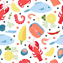 Seafood seamless pattern. Red black caviar, vegetable and fish. Flat cartoon salmot steal and lobster. Restaurant, kitchen decent vector print