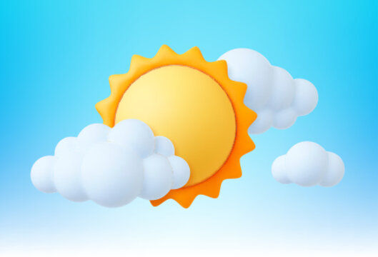 Sun in clouds, 3d sunny weather elements. White bubble cloud on sky. Summer spring hot, seasonal vector realistic design
