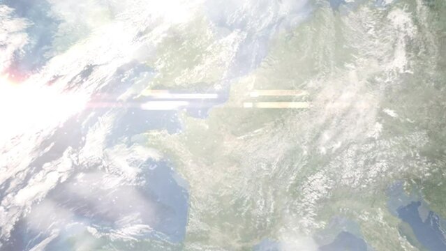 Earth zoom in from outer space to city. Zooming on Evreux, France. The animation continues by zoom out through clouds and atmosphere into space. Images from NASA