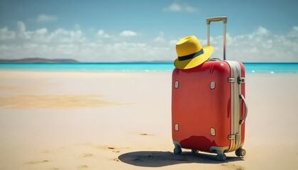 Red suit case with a yellow sun hat, sitting on the beach, ai generated 