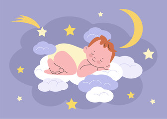 Baby sleep on cloud. Sleeping newborn toddler card design. Cartoon cute born kid dream, nursery birthday or party poster, kicky vector design
